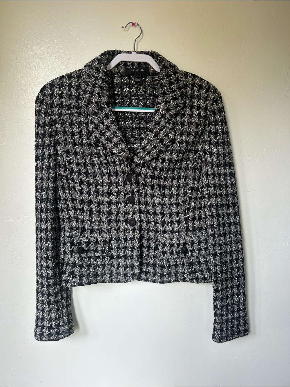 Vintage St. John Black & White Textured Houndstooth Knit Blazer